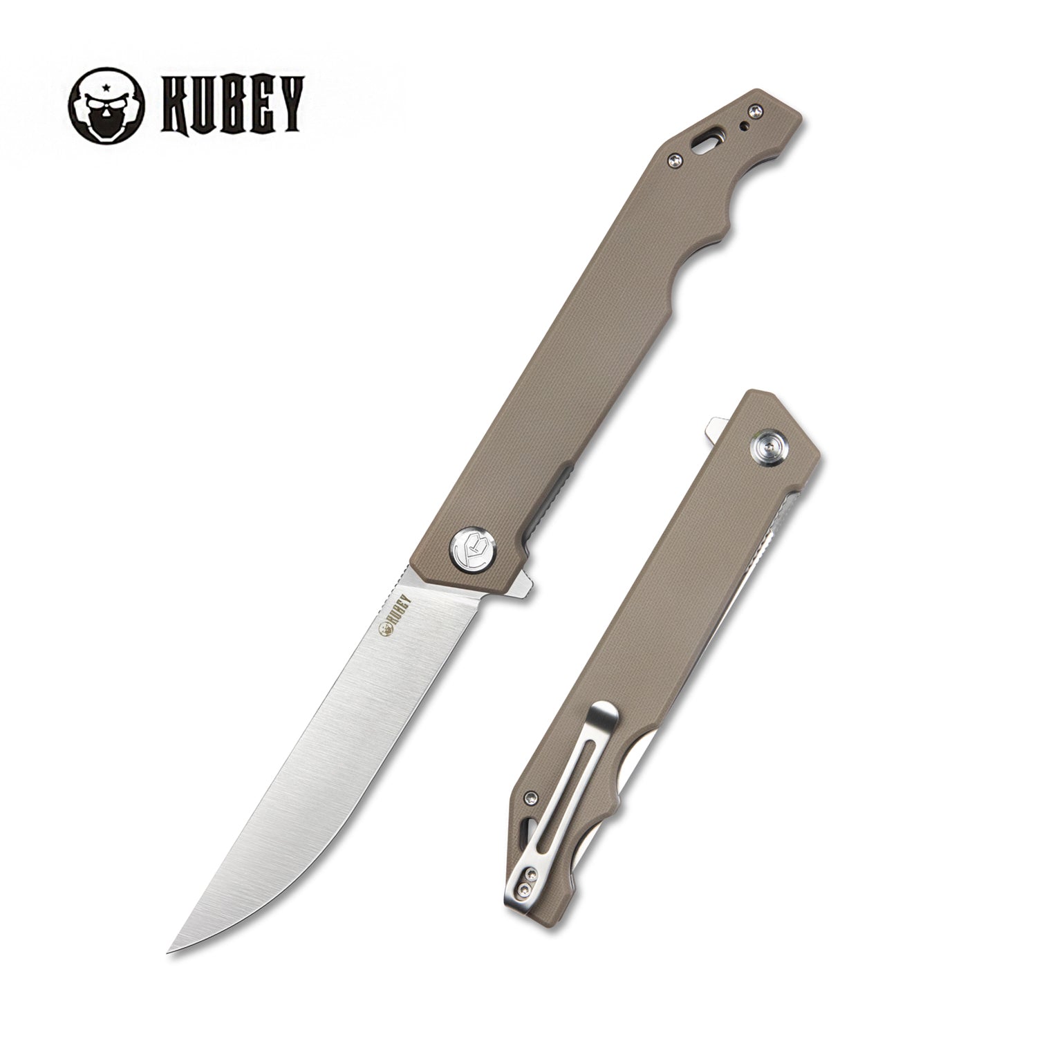 Kubey Pylades Liner Lock Flipper Folding Knife Tan G10 Handle 4.65" Satin AUS-10 KU253E