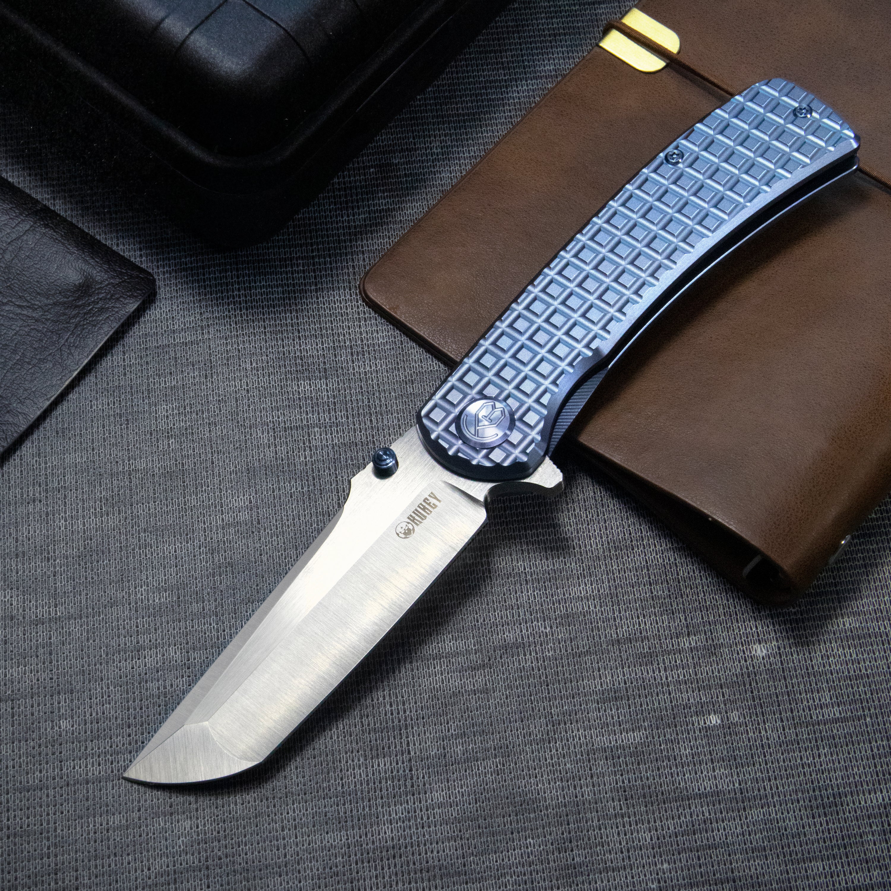 Kubey Interflow Tactical Folding Knife Flipper Folder Black Titanium FRAG Handle 3.50" Belt Satin Bohler M390 Blade KB294C