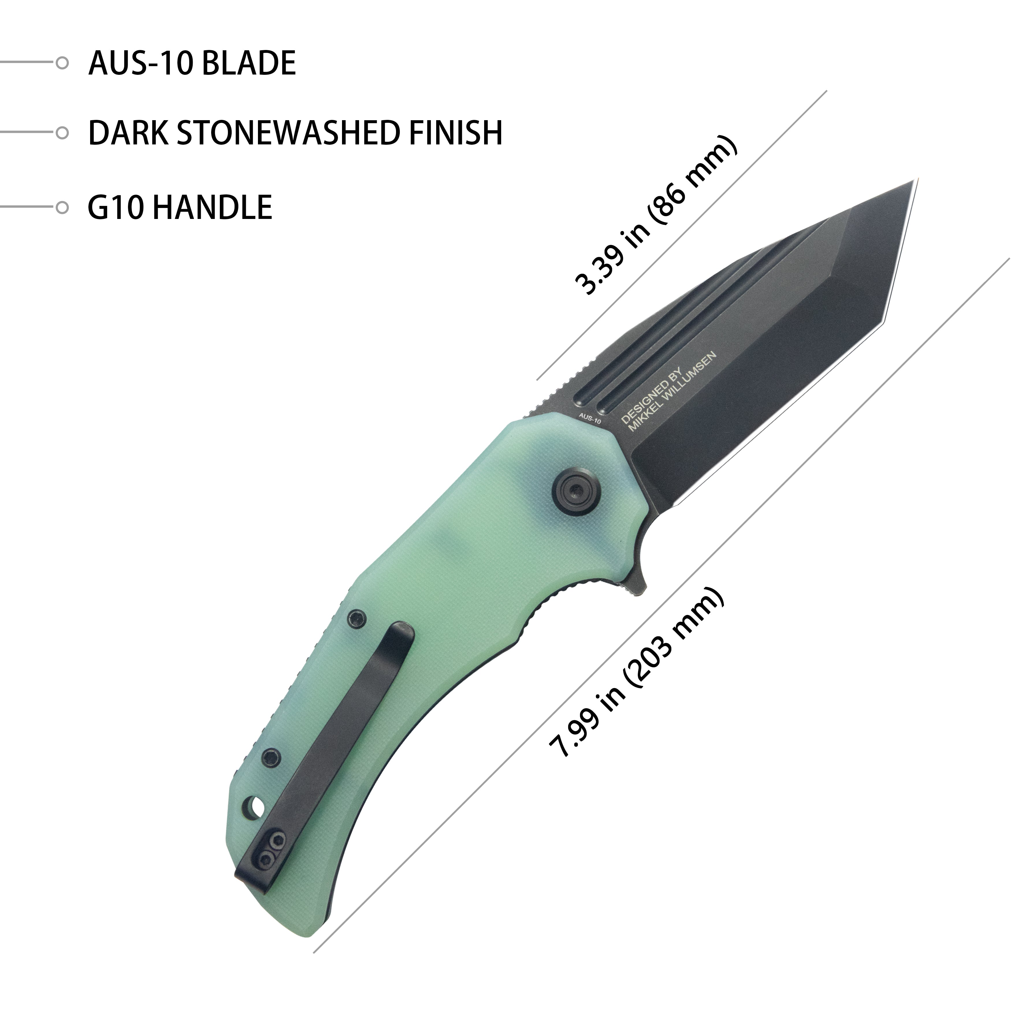 Mikkel Willumsen Design Bravo one Tanto Outdoor Folding Camping Knife Jade G10 Handle 3.39" Blackwash AUS-10 KU318G