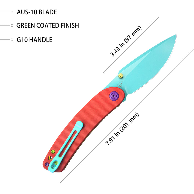 Momentum Sherif Manganas Design Liner Lock Front Flipper / Dual Studs Open Folding Knife Red G10 Handle 3.43" Green Coated AUS-10 KU344L