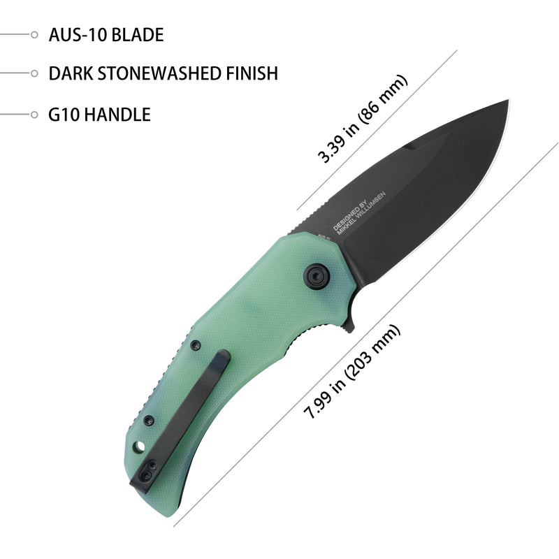 Mikkel Willumsen Design Bravo one Drop Point Outdoor Folding Camping Knife Jade G10 Handle 3.39" Blackwash AUS-10 KU319C