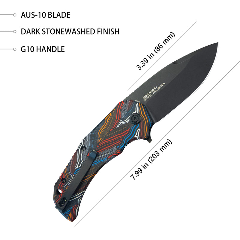 Mikkel Willumsen Design Bravo one Drop Point Outdoor Folding Camping Knife Damascus Pattern Colorful G10 Handle 3.39" Blackwash AUS-10 KU319F