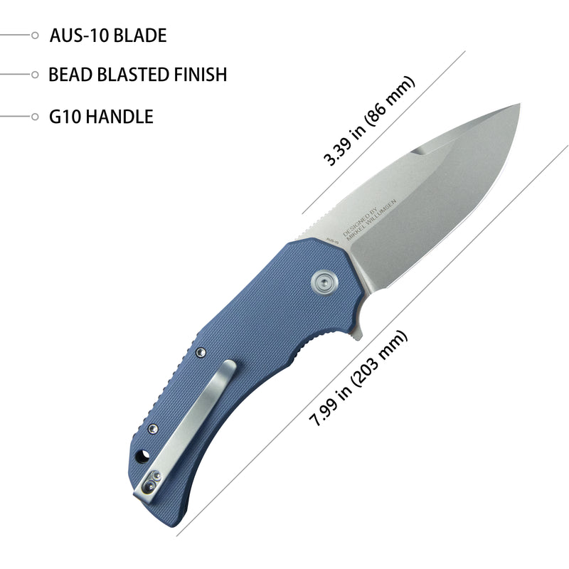 Mikkel Willumsen Design Bravo one Drop Point Outdoor Folding Camping Knife Blue G10 Handle 3.39" Beadblast AUS-10 KU319A