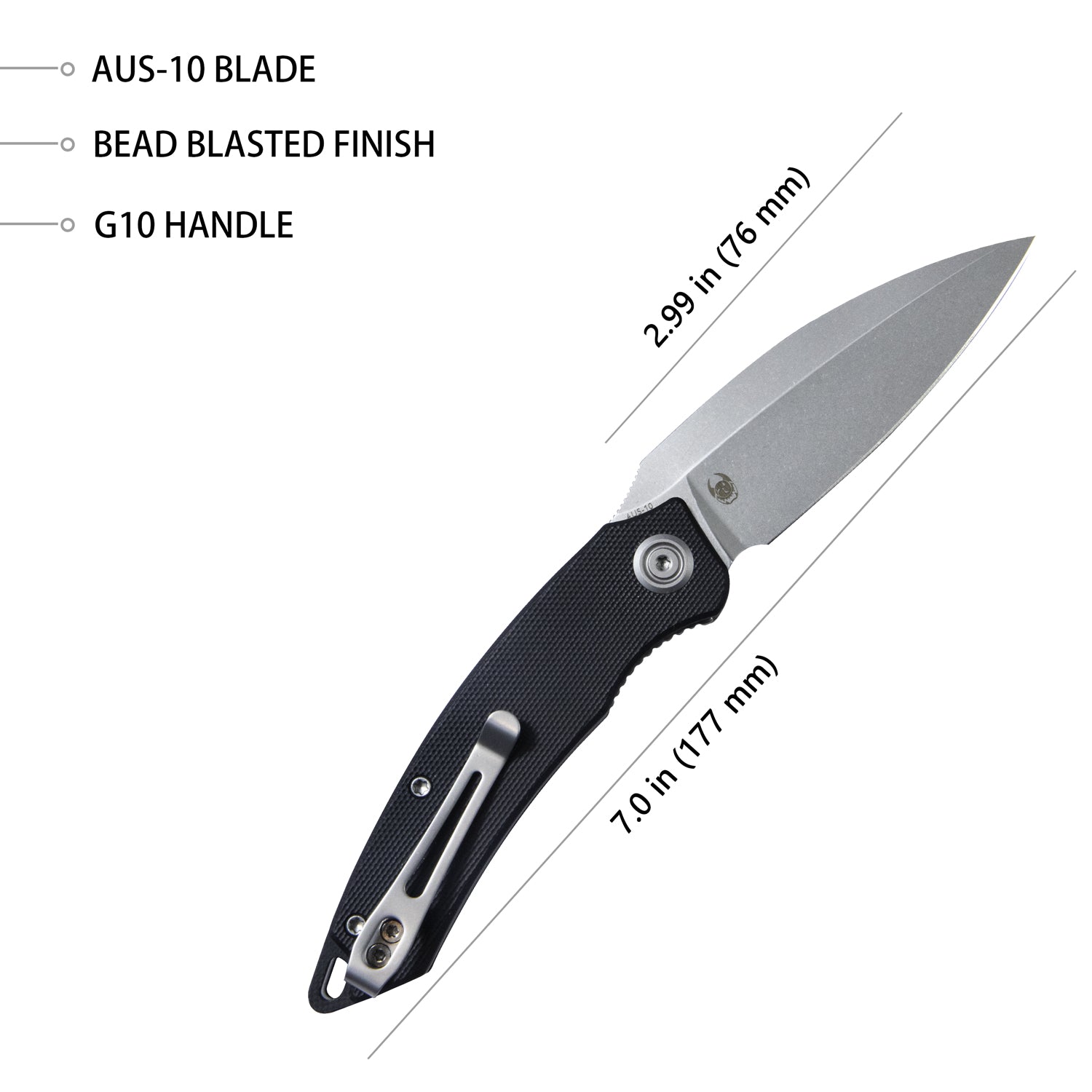 Leaf Liner Lock Front Flipper Folding Knife Black G10 Handle 2.99" Bead Blasted AUS-10 KU333A