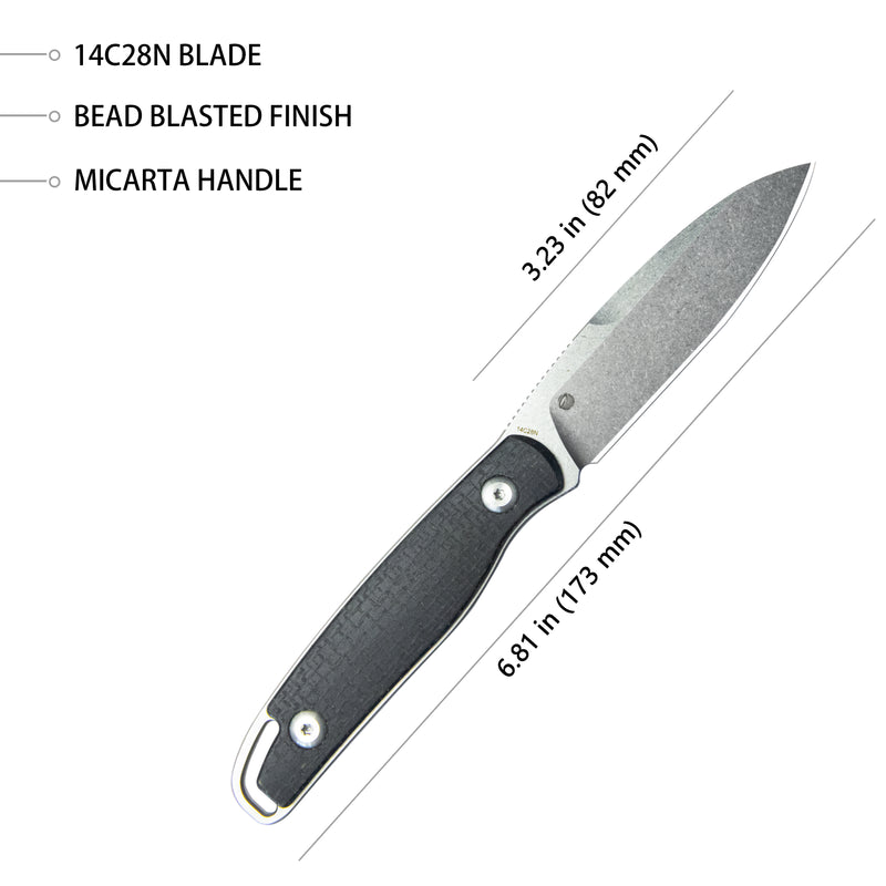 Dust Devil Utility Knife Fixed Blade Knives Black Coarse Micarta 3.23'' Beadblast 14C28N KU357A