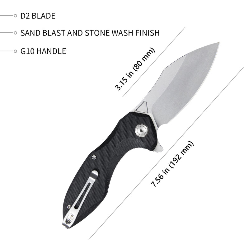 Noble Nest Liner Lock Folding Knife Black G10 Handle 3.15" Bead Blasted D2 KU236A