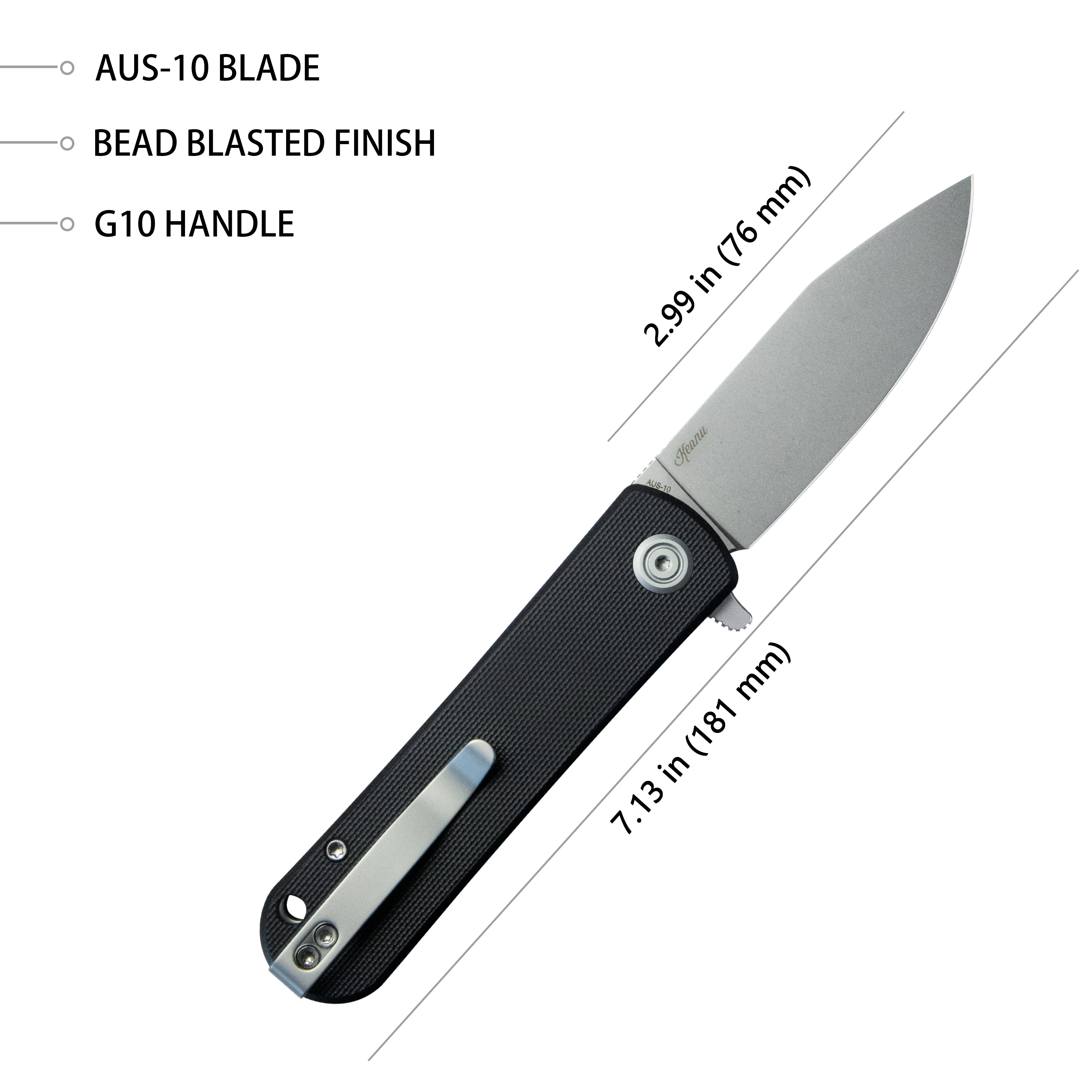 Kubey NEO Klappmesser Outdoor Folding Pocket Knife Black G10 Handle 3.43" Beadblast AUS-10 KU371A
