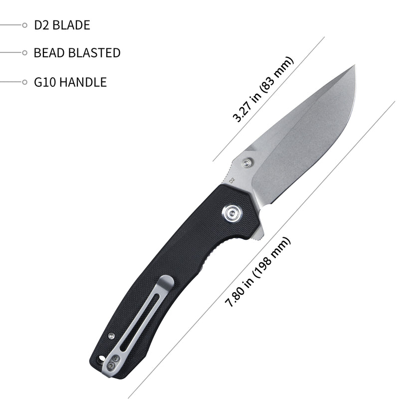 Calyce Liner Lock Flipper Folding Knife Black G10 Handle 3.27" Bead Blasted D2 KU901A