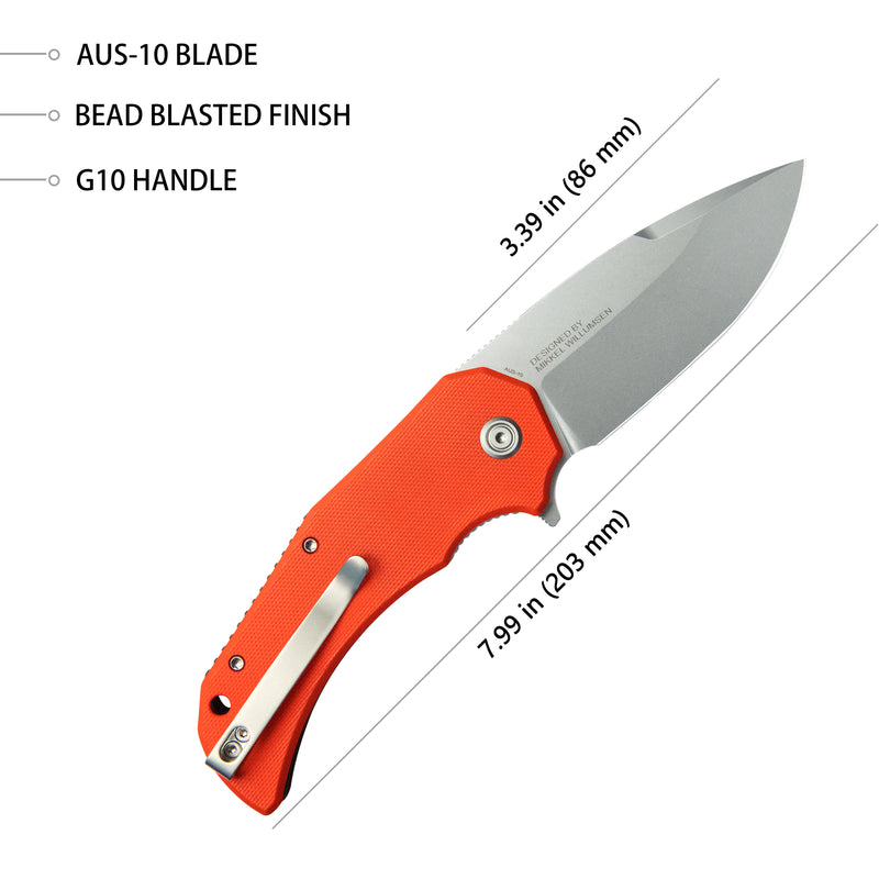 Mikkel Willumsen Design Bravo one Drop Point Outdoor Folding Camping Knife Orange G10 Handle 3.39" Beadblast AUS-10 KU319B