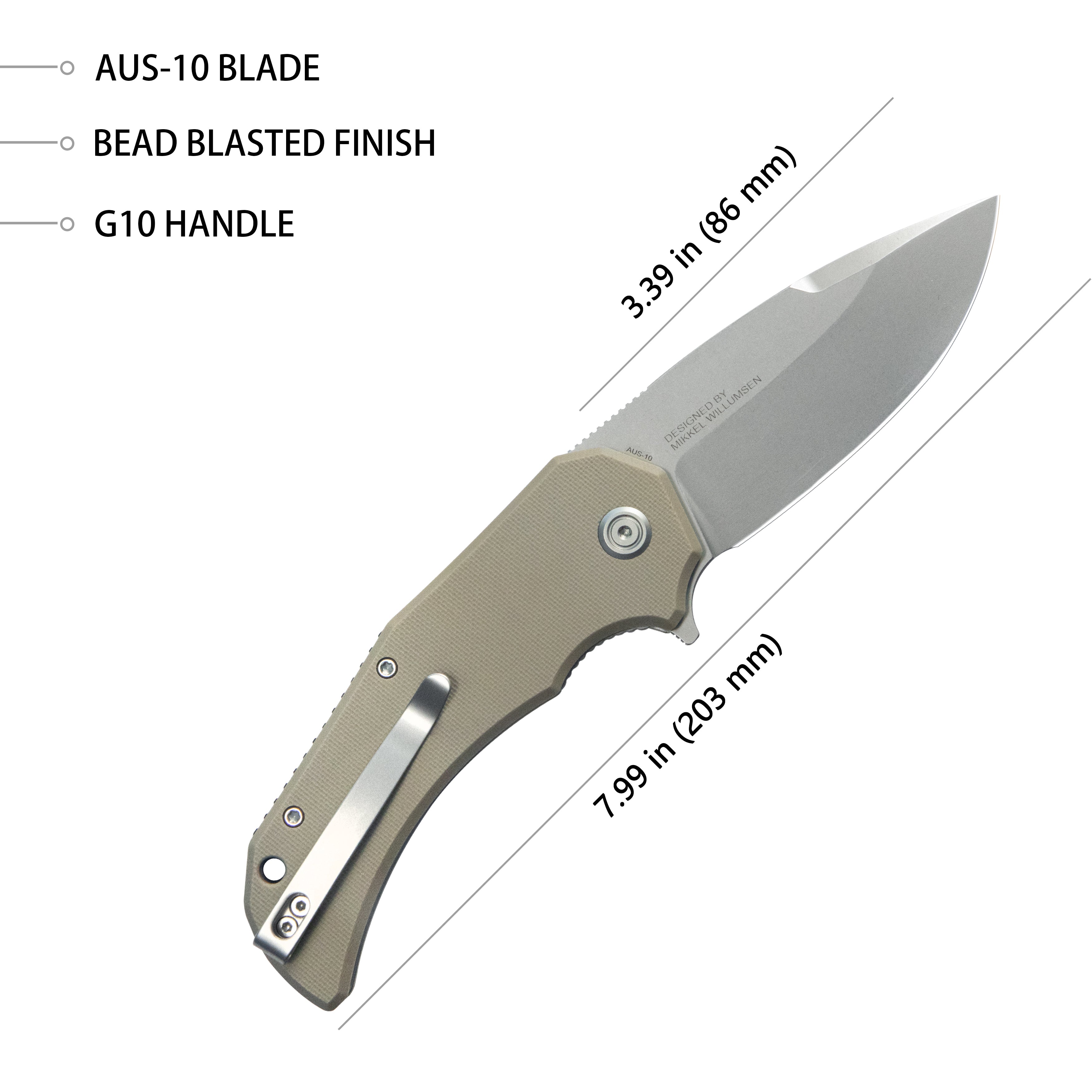 Mikkel Willumsen Design Bravo one Drop Point Outdoor Folding Camping Knife Tan G10 Handle 3.39" Beadblast AUS-10 KU319G
