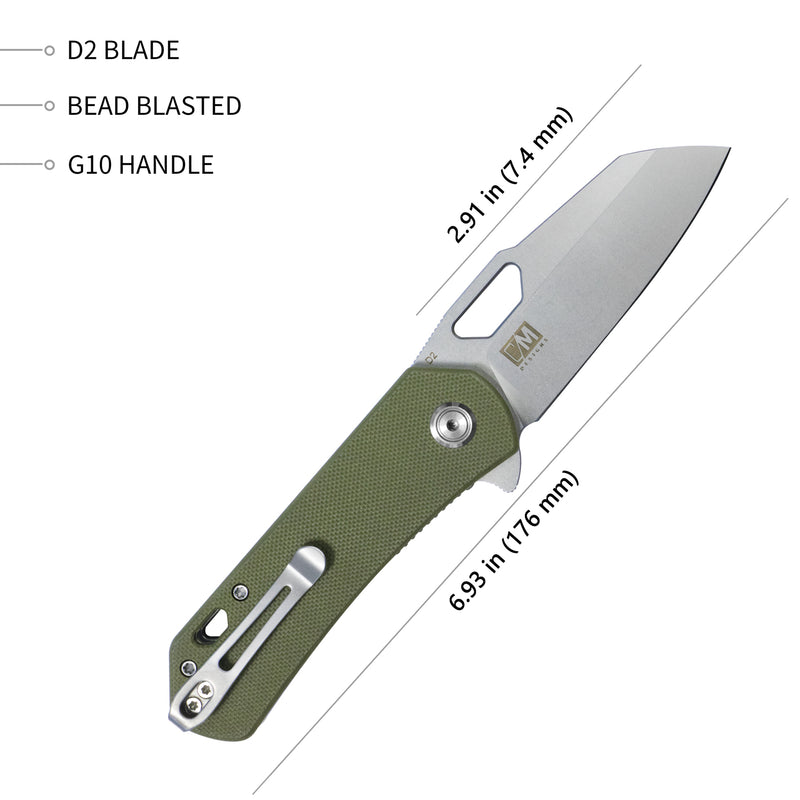 Duroc Liner Lock Flipper Folding Knife Olive G10 Handle 2.91" Bead Blasted D2 KU332B