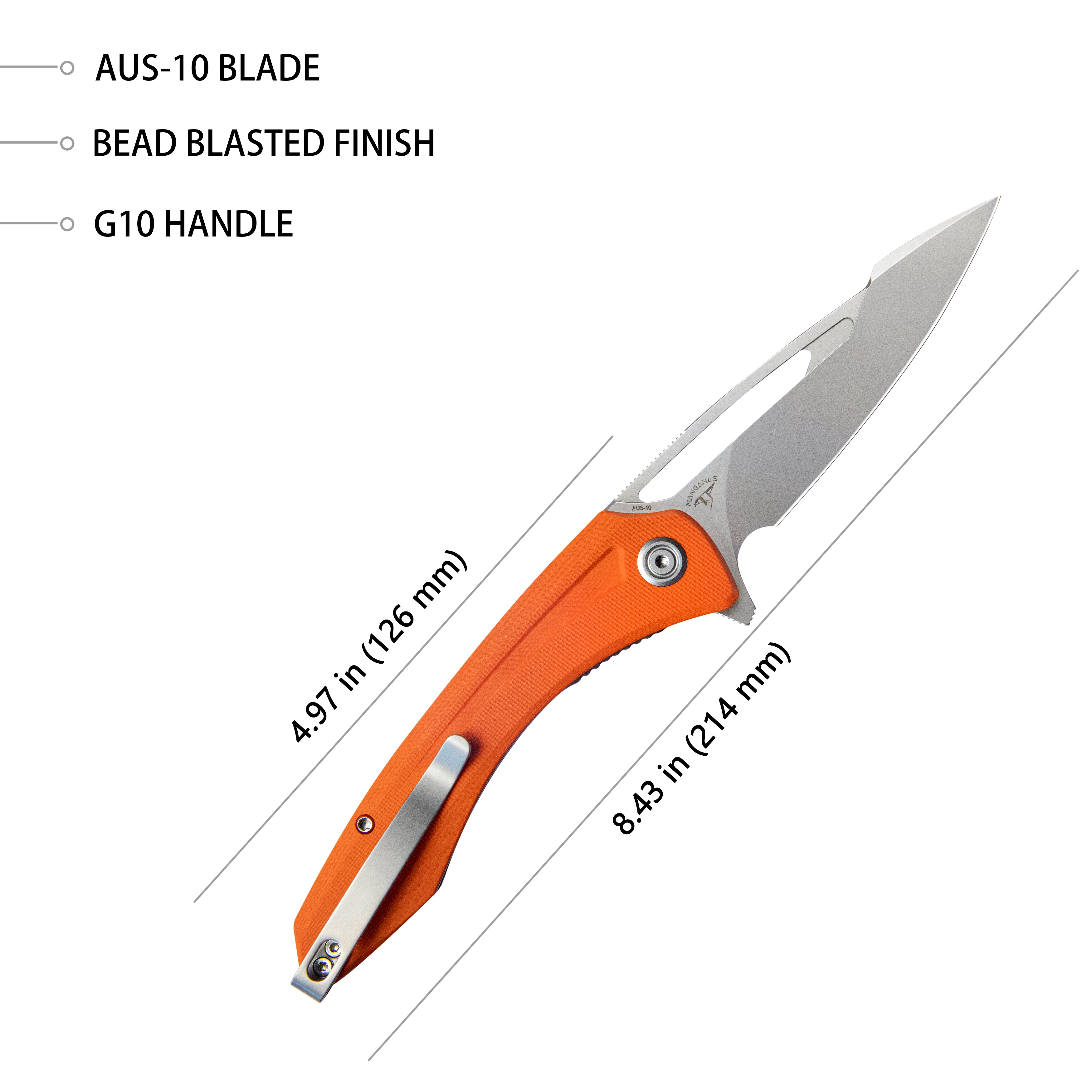 Merced Folding Knife 3.46" Beadblasted AUS-10 Blade With Durable Orange G10 Handle Reliable Tactical Pocket Knife KU345B