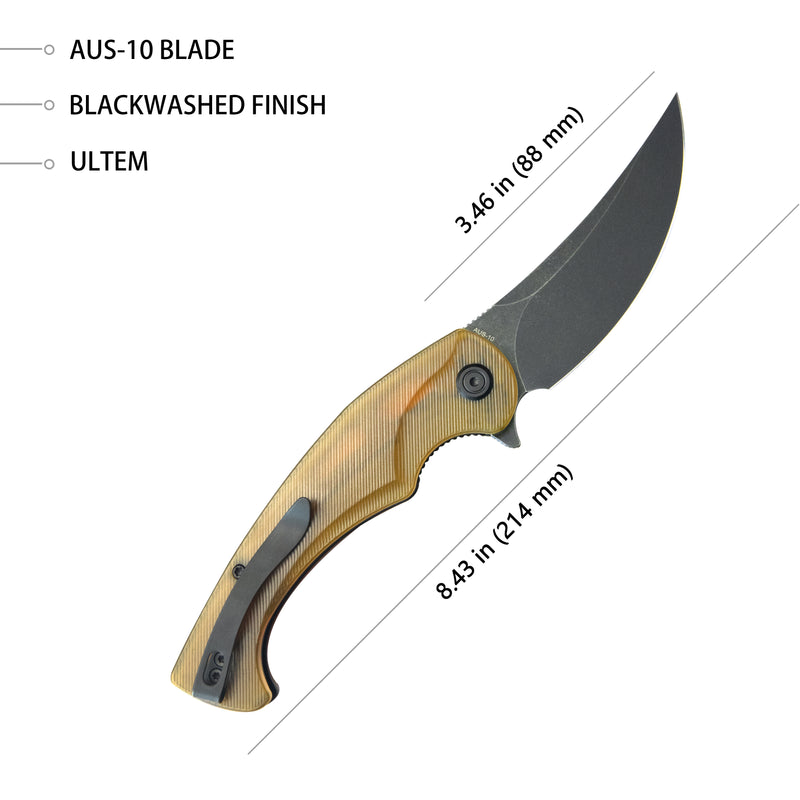 Scimitar Liner Lock Folding Knife Ultem Handle 3.46" Blackwash AUS-10 KU173B