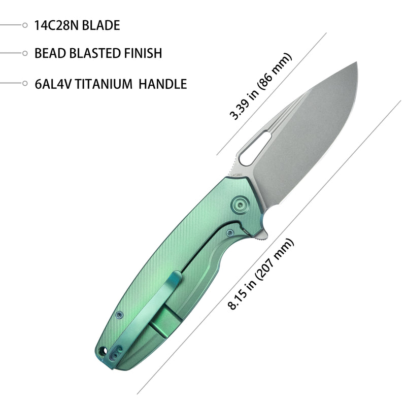 Tityus Frame Lock Flipper Folding Knife Green 6AL4V Contoured Titanium Handle 3.39" Bead Blasted 14C28N KB360B