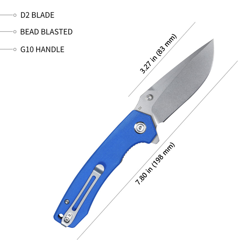 Calyce Liner Lock Flipper Folding Knife Blue G10 Handle 3.27" Bead Blasted D2 KU901B