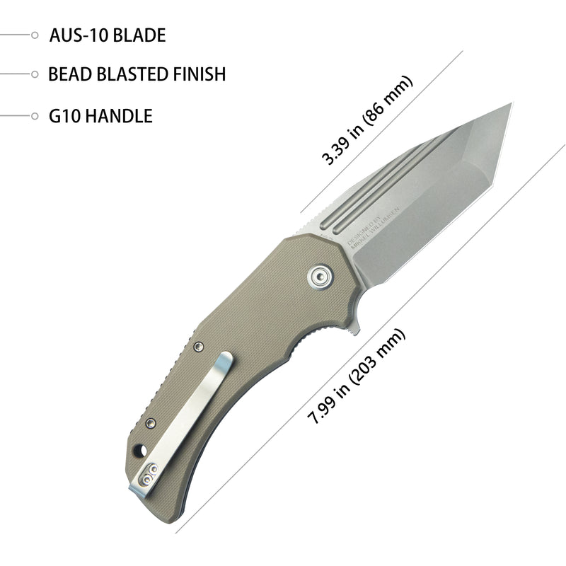 Mikkel Willumsen Design Bravo one Tanto Outdoor Folding Camping Knife Tan G10 Handle 3.39" Beadblast AUS-10 KU318C