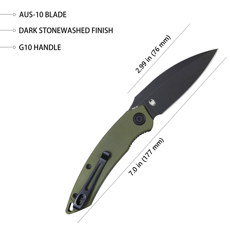 Leaf Liner Lock Front Flipper Folding Knife Green G10 Handle 2.99" Black Stonewashed AUS-10 KU333C