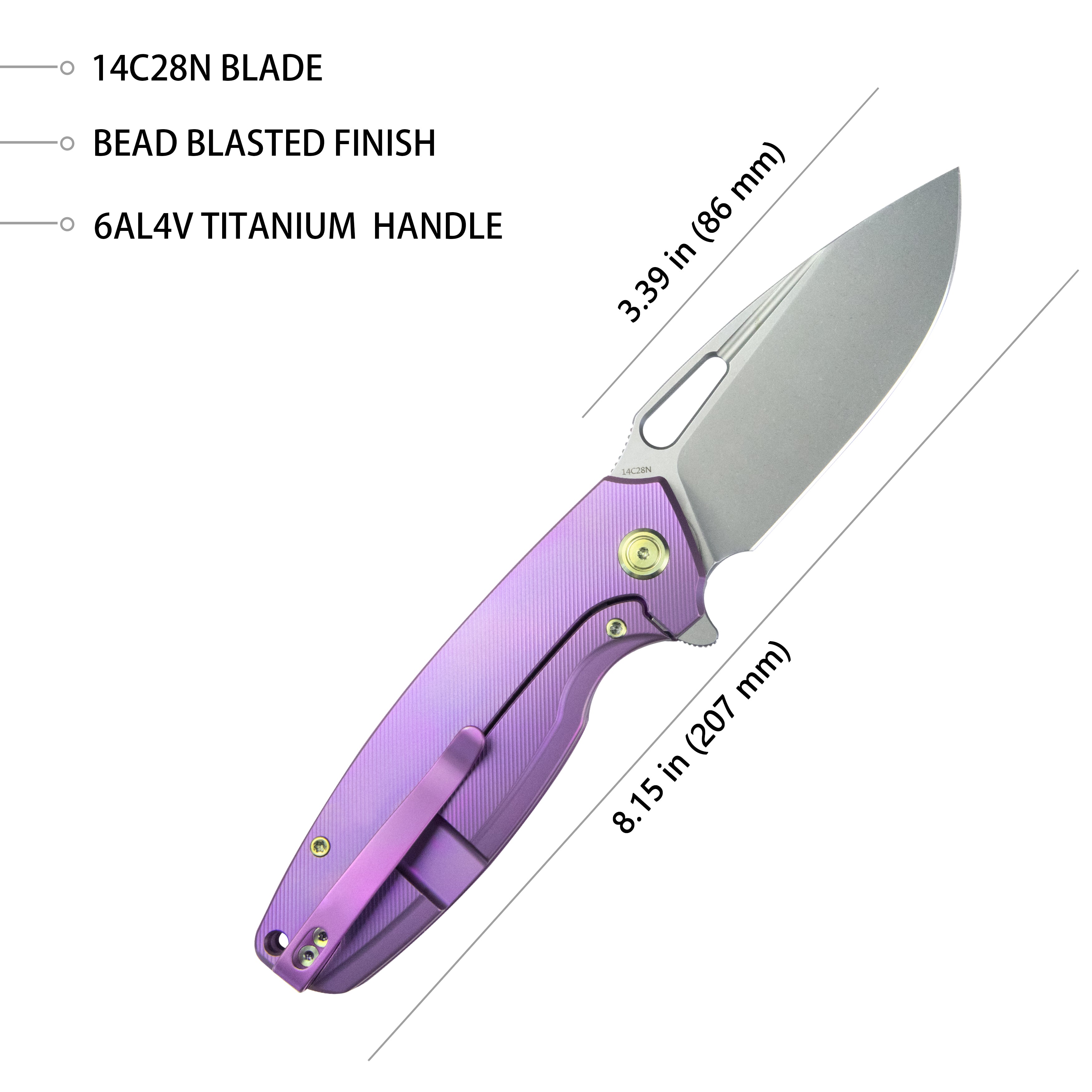 Tityus Frame Lock Flipper Folding Knife Purple 6AL4V Contoured Titanium Handle 3.39" Bead Blasted 14C28N KB360C