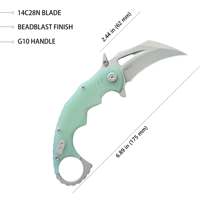 Mini Wrath Karambit Folding Knife Jade G-10 Handle 2.44" Beadblast 14C28N Blade KU262J