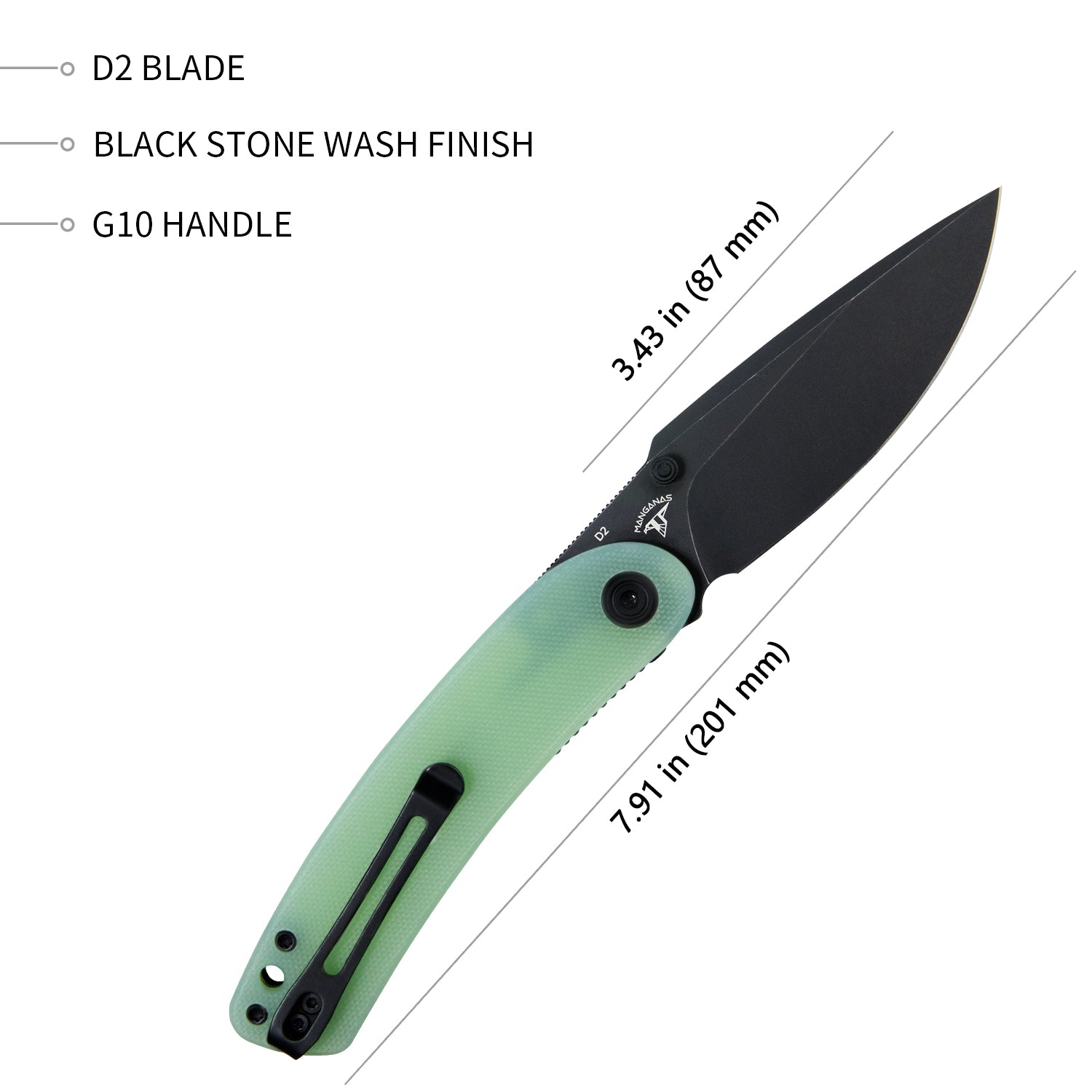 Momentum Sherif Manganas Design Liner Lock Front Flipper / Dual Studs Open Folding Knife Jade G10 Handle 3.43" Darkwashed D2 KU344C