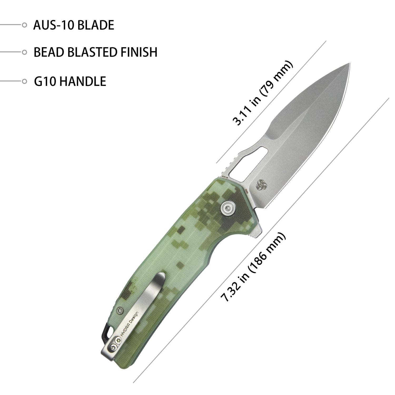 RDF Pocket Knife with Button Lock, Full-Contoured Camo G-10 Handle 3.11" Bead Blasted AUS-10 Blade, Lightweight Hydra Designed Folding Knife for EDC KU316C