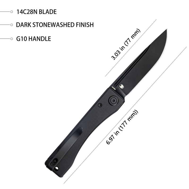 Akino Lockback Pocket Folding Knife Black G10 Handle 3.15" Blackwashed Sandvik 14C28N KU2102D