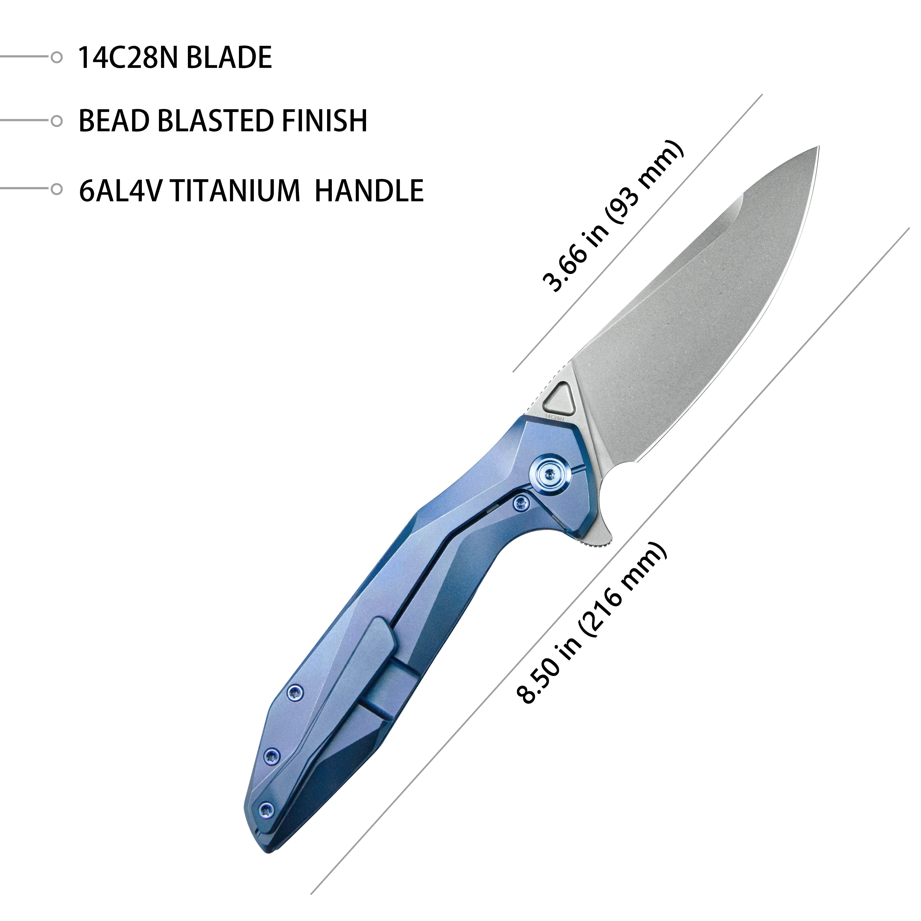 Kubey Nova Frame Lock Flipper Folding Knife Blue 6AL4V Titanium Handle 3.66" Bead Blasted 14C28N KB235C