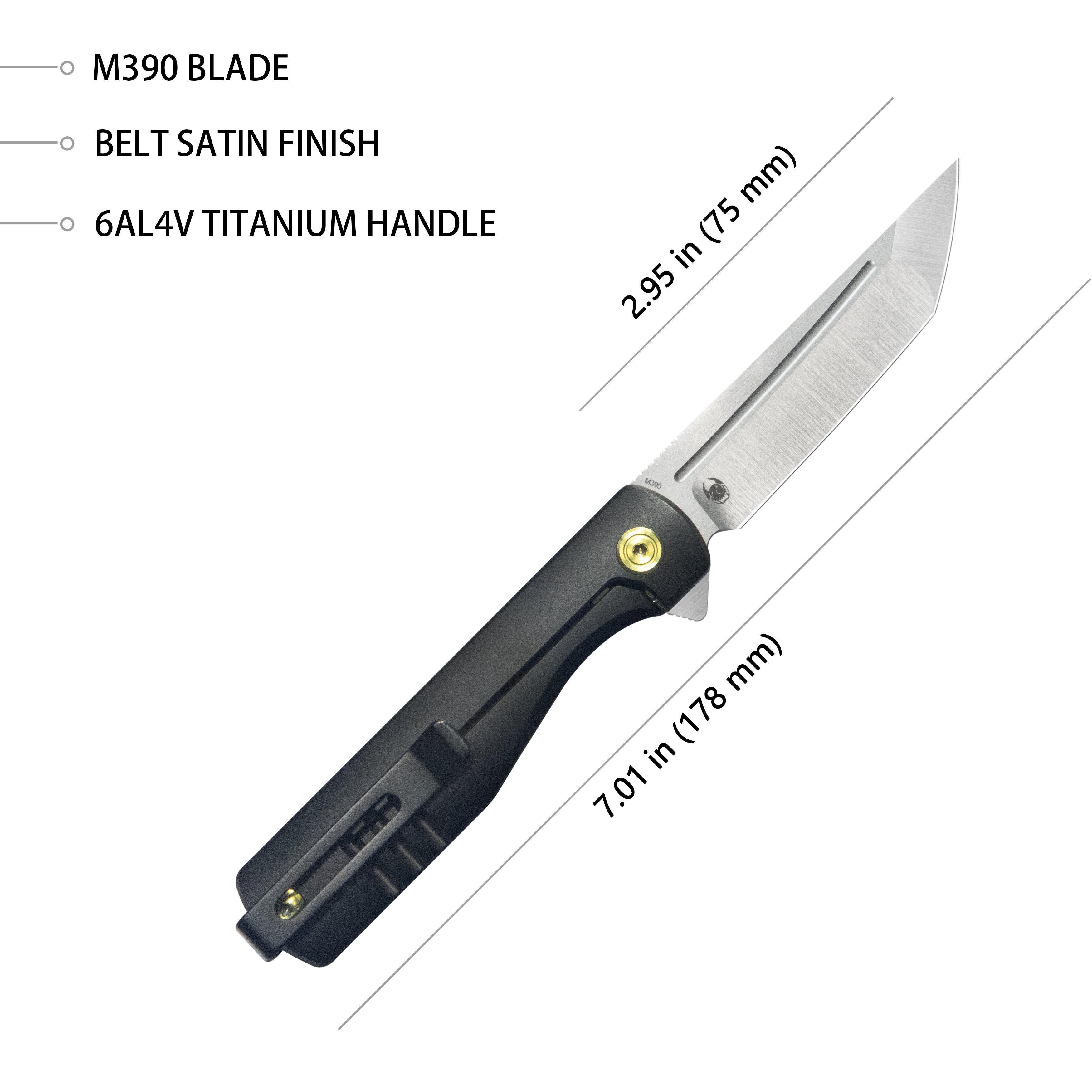Musō Flipper Everyday Carry Knife Black Titanium Handle 2.95" Tanto Belt Satin M390 Blade KB244C