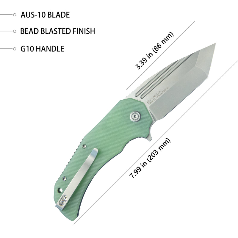 Mikkel Willumsen Design Bravo one Tanto Outdoor Folding Camping Knife Jade G10 Handle 3.39" Beadblast AUS-10 KU318D