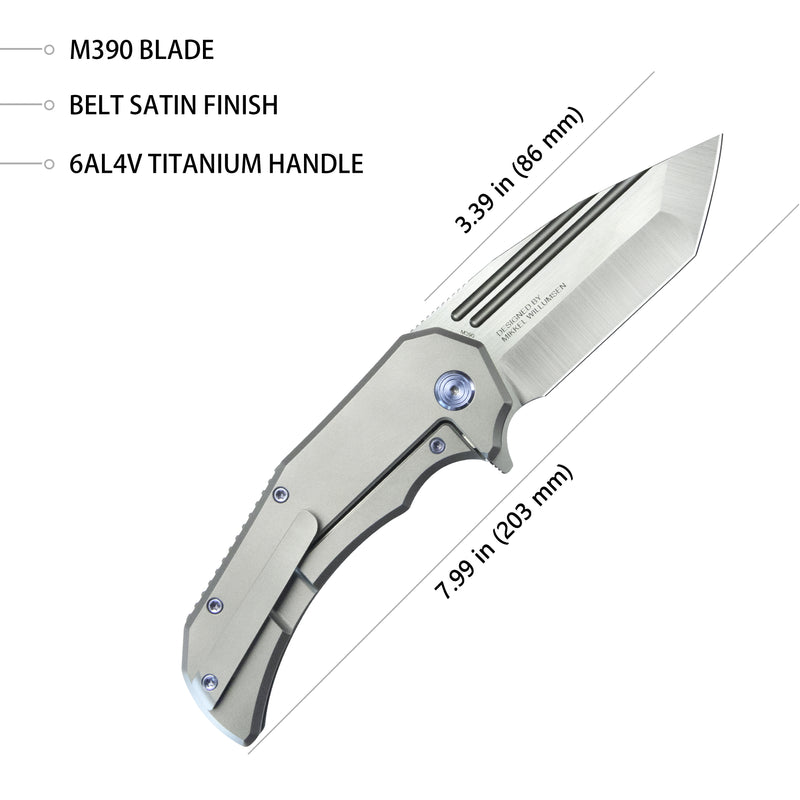 Mikkel Willumsen Design Bravo one Tanto Outdoor Folding Camping Knife Gray Ti Handle 3.39" Belt Satin Boher M390 KB366A