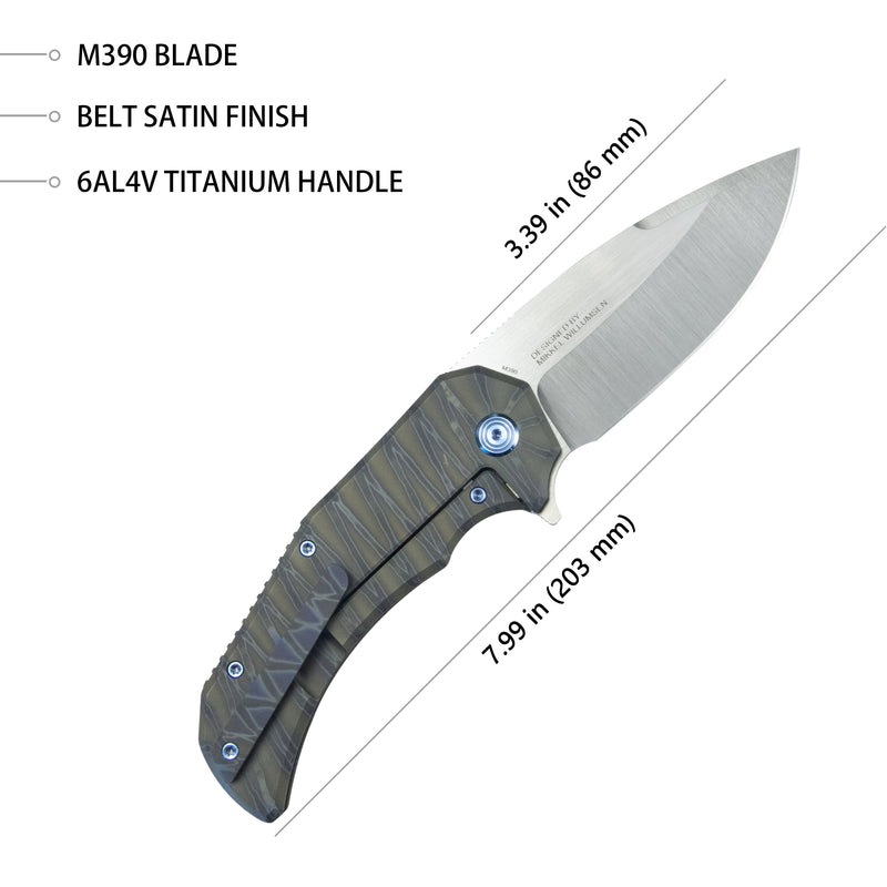Mikkel Willumsen Design Bravo one Frame Tactical Folding Knife 6AL4V Titanium 3.39" Belt Satin Boher M390 KB367B