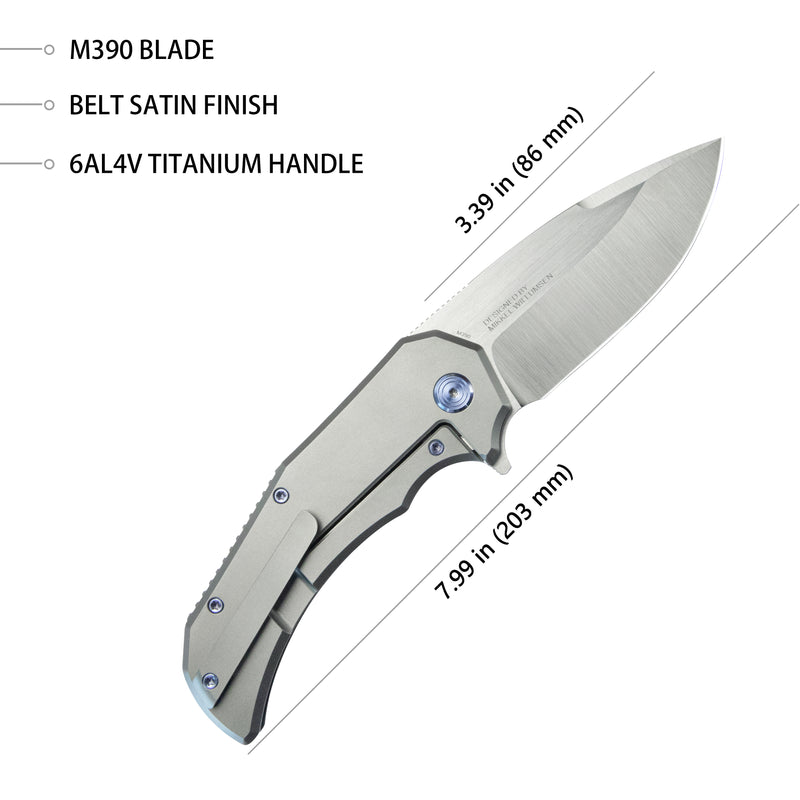 Mikkel Willumsen Design Bravo one Drop Point Outdoor Folding Camping Knife Gray Ti Handle 3.39" Belt Satin Boher M390 KB367A