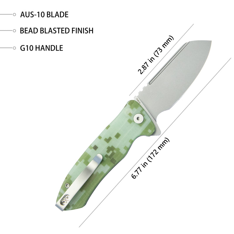 Creon Small Pocket Knife with Button Lock Camo G10 Handle 2.87" Beadblasted AUS-10 KU336J