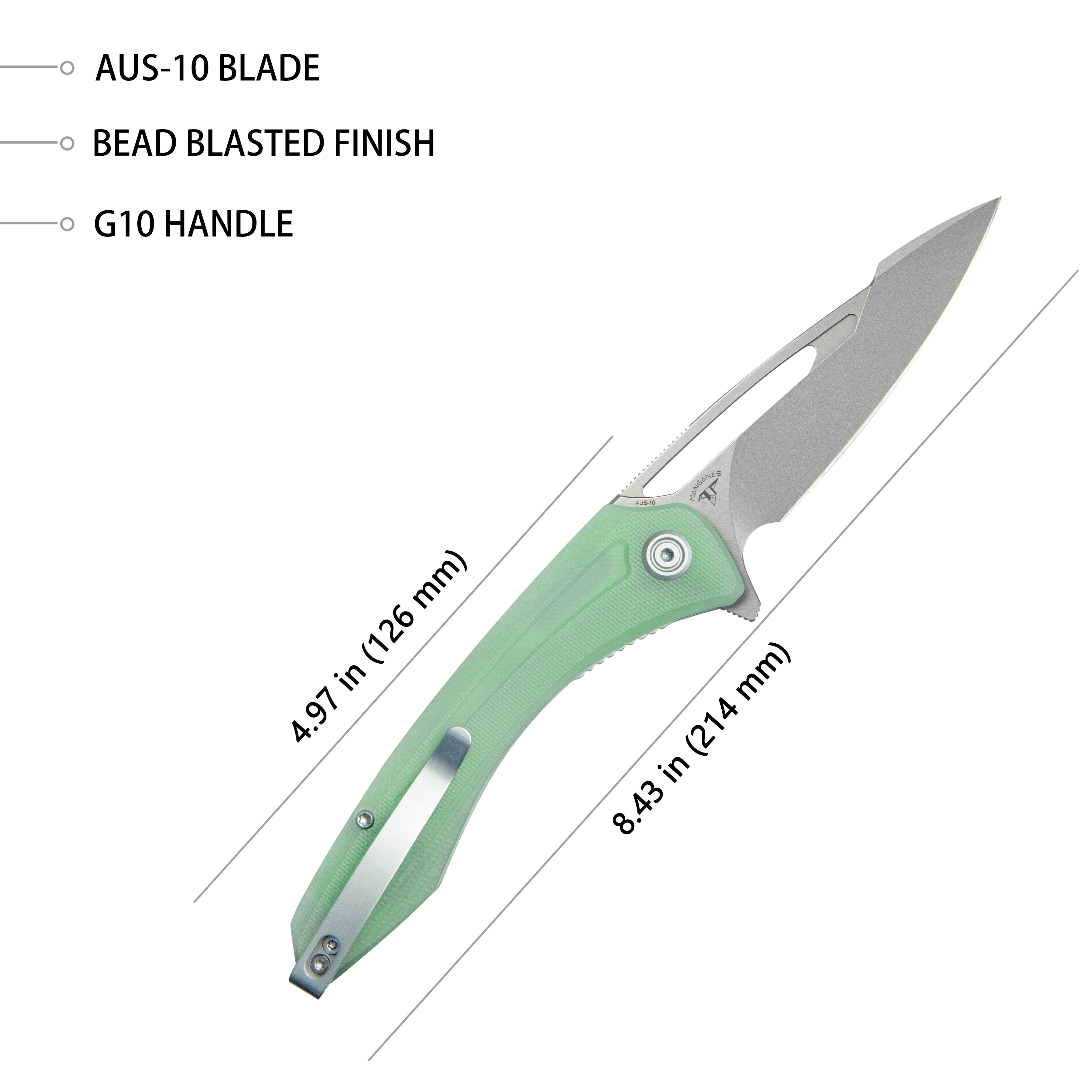 Merced Folding Knife 3.46" Beadblasted AUS-10 Blade With Durable Jade G10 Handle Reliable Tactical Pocket Knife KU345D