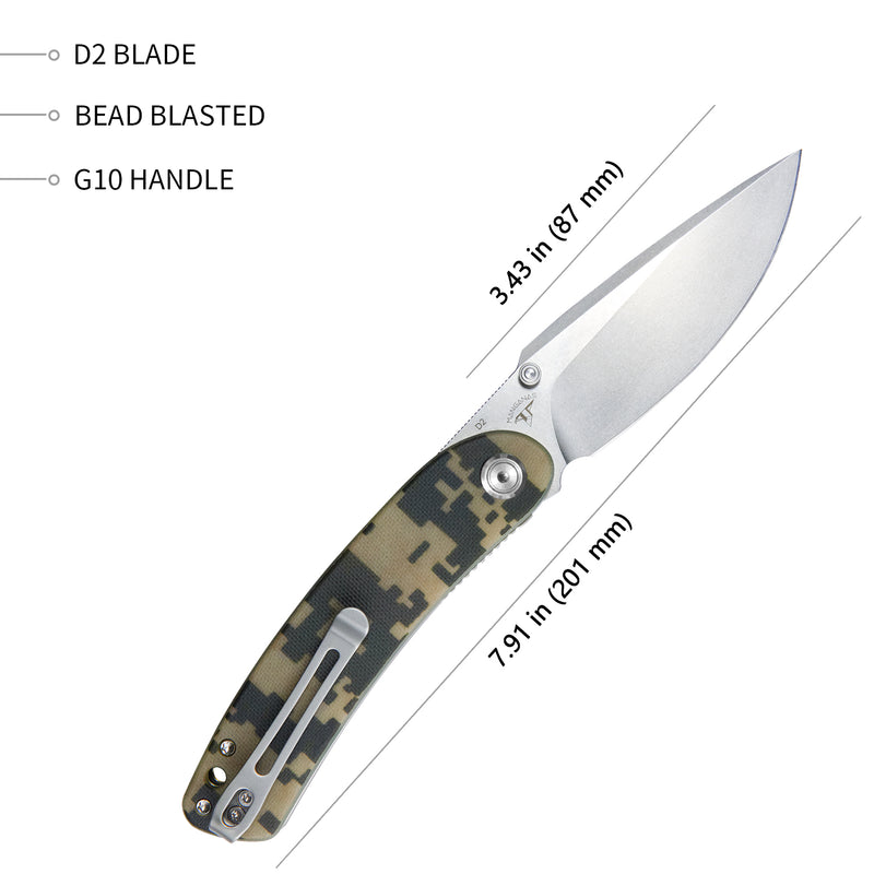 Momentum Sherif Manganas Design Liner Lock Front Flipper / Dual Studs Open Folding Knife Camo G10 Handle 3.43" Bead Blasted D2 KU344D