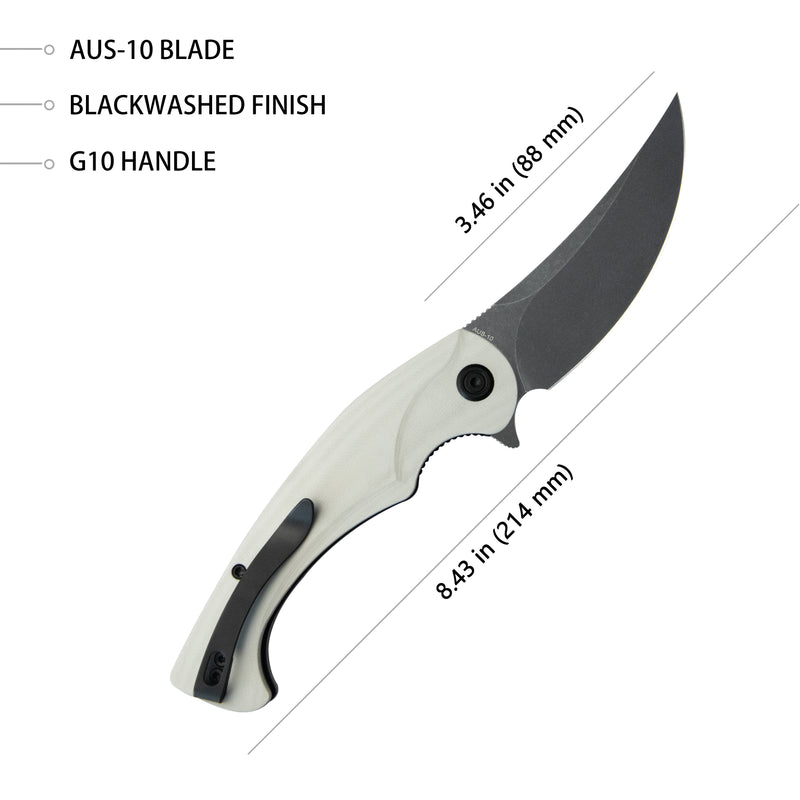 Scimitar Liner Lock Folding Knife White G10 Handle 3.46" Blackwash AUS-10 KU173D