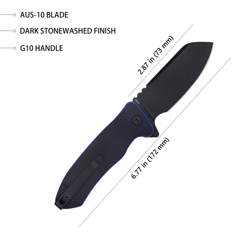 Creon Small Pocket Knife with Button Lock Black-blue G10 Handle 2.87" Blackwashed AUS-10 KU336D