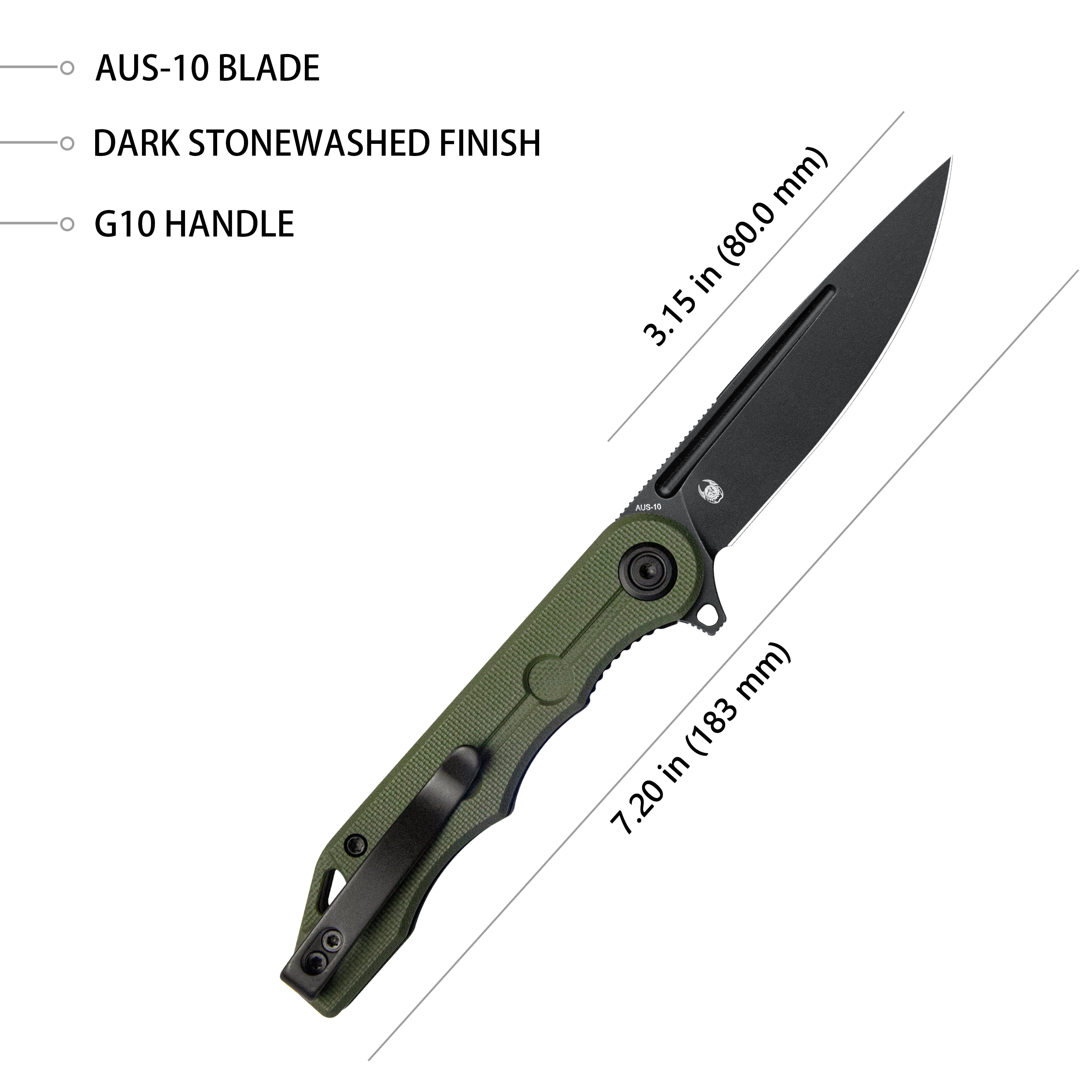 Mizo Liner Lock Flipper Folding Knife Green G10 Handle 3.15" Blackwashed AUS-10 KU312D