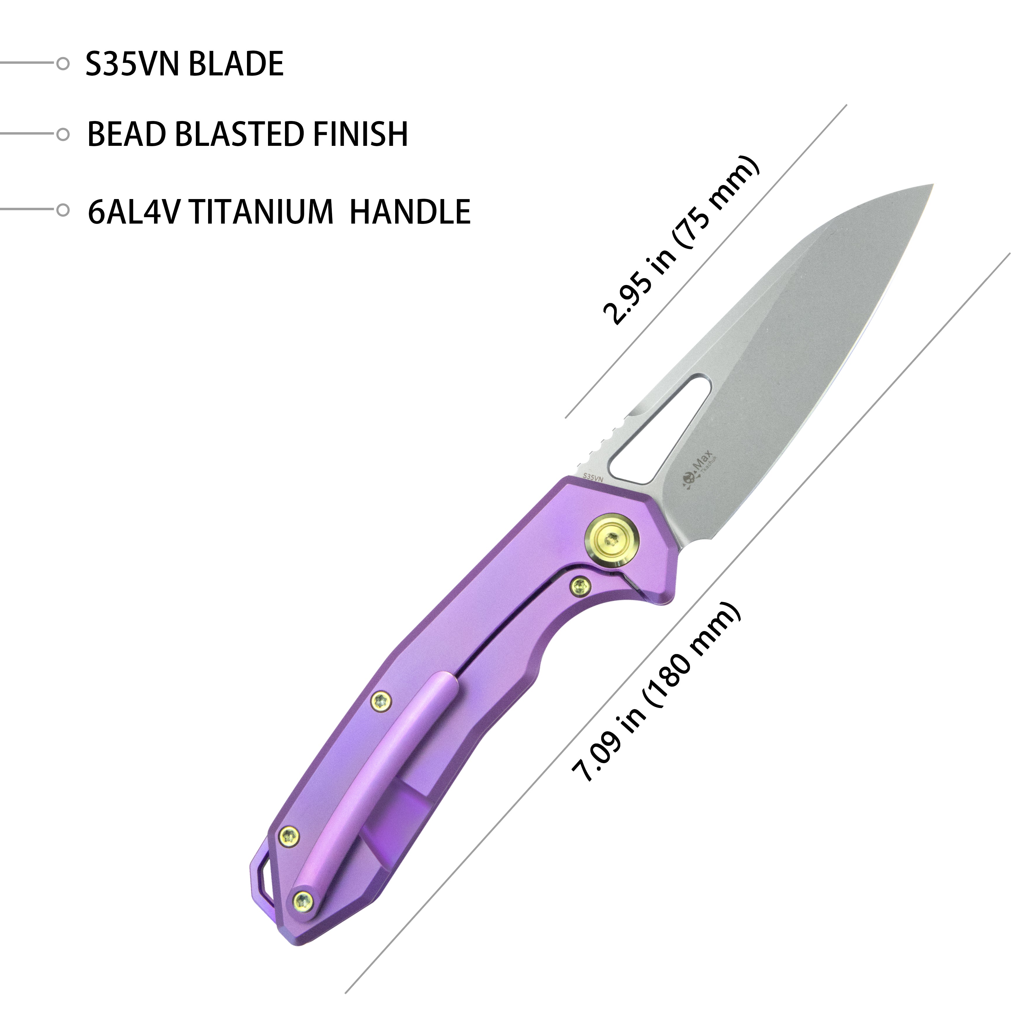 Vagrant Frame Lock Folding Pocket Knife Purple 6AL4V Titanium Handle 2.95" Bead Blasted CPM-S35VN KB284D