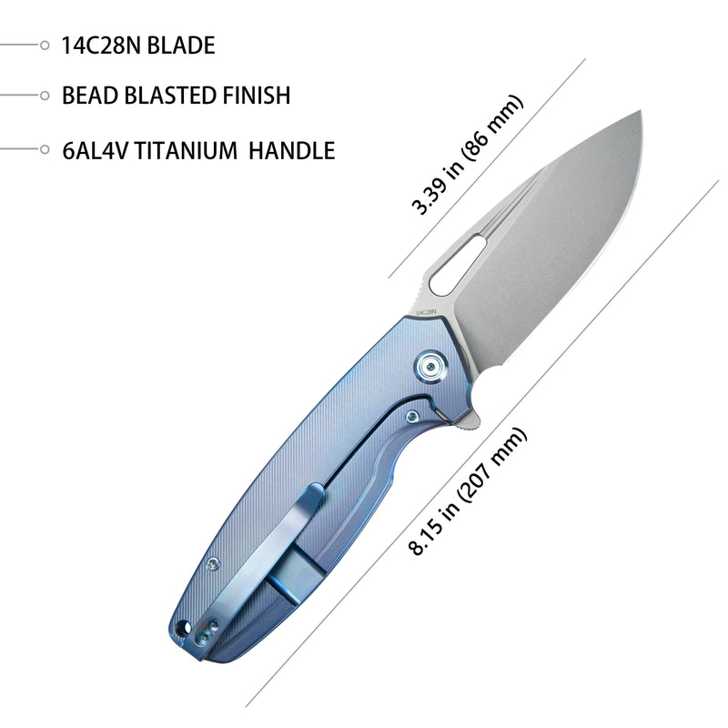 Tityus Frame Lock Flipper Folding Knife Blue 6AL4V Contoured Titanium Handle 3.39" Bead Blasted 14C28N KB360D