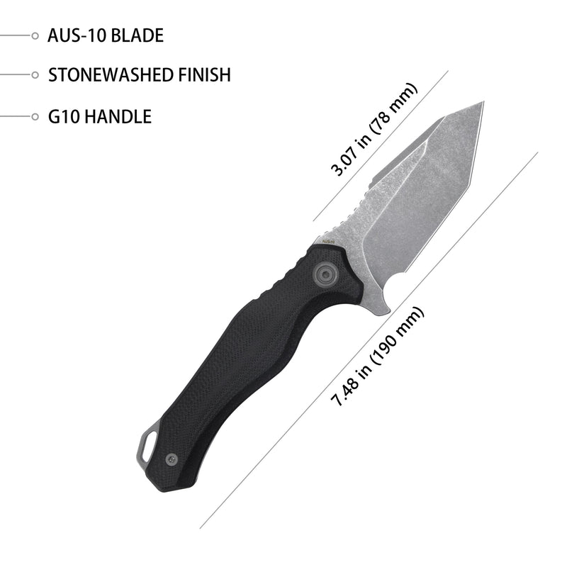 Golf  EDC Fixed Blade Knife Black G-10 Handle 3.07" Stonewashed AUS-10 with Kydex Sheath KU230E