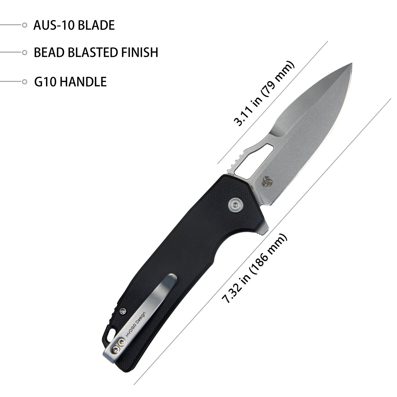 RDF Pocket Knife with Button Lock, Full-Contoured Black G-10 Handle 3.11" Bead Blasted AUS-10 Blade, Lightweight Hydra Designed Folding Knife for EDC KU316E