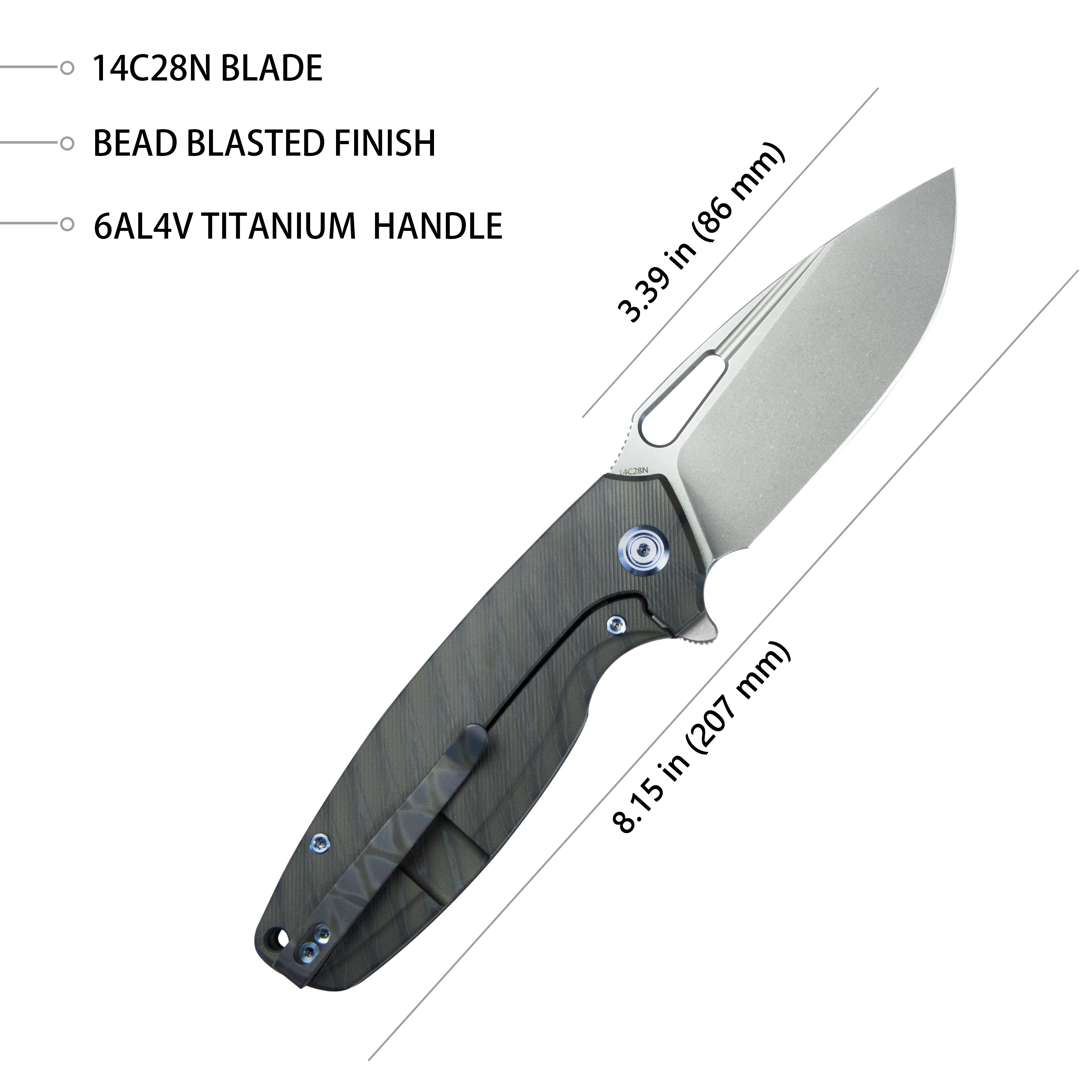 Tityus Frame Lock Flipper Folding Knife Flame 6AL4V Contoured Titanium Handle 3.39" Bead Blasted 14C28N KB360E