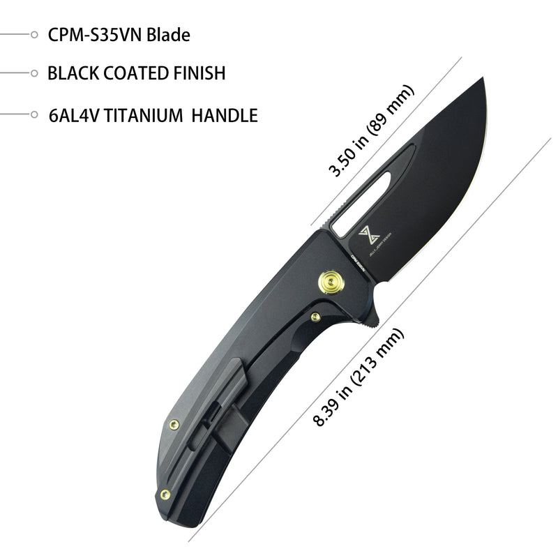 Hyperion Frame Lock Tactical Knife Black 6AL4V Titanium Handle 3.5" Black Coated CPM-S35VN KB368B