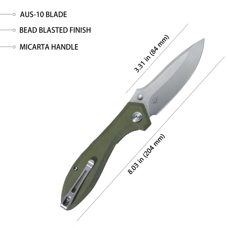 Ruckus Liner Lock Folding Knife Green Micarta Handle 3.31" Bead Blasted AUS-10 KU314E