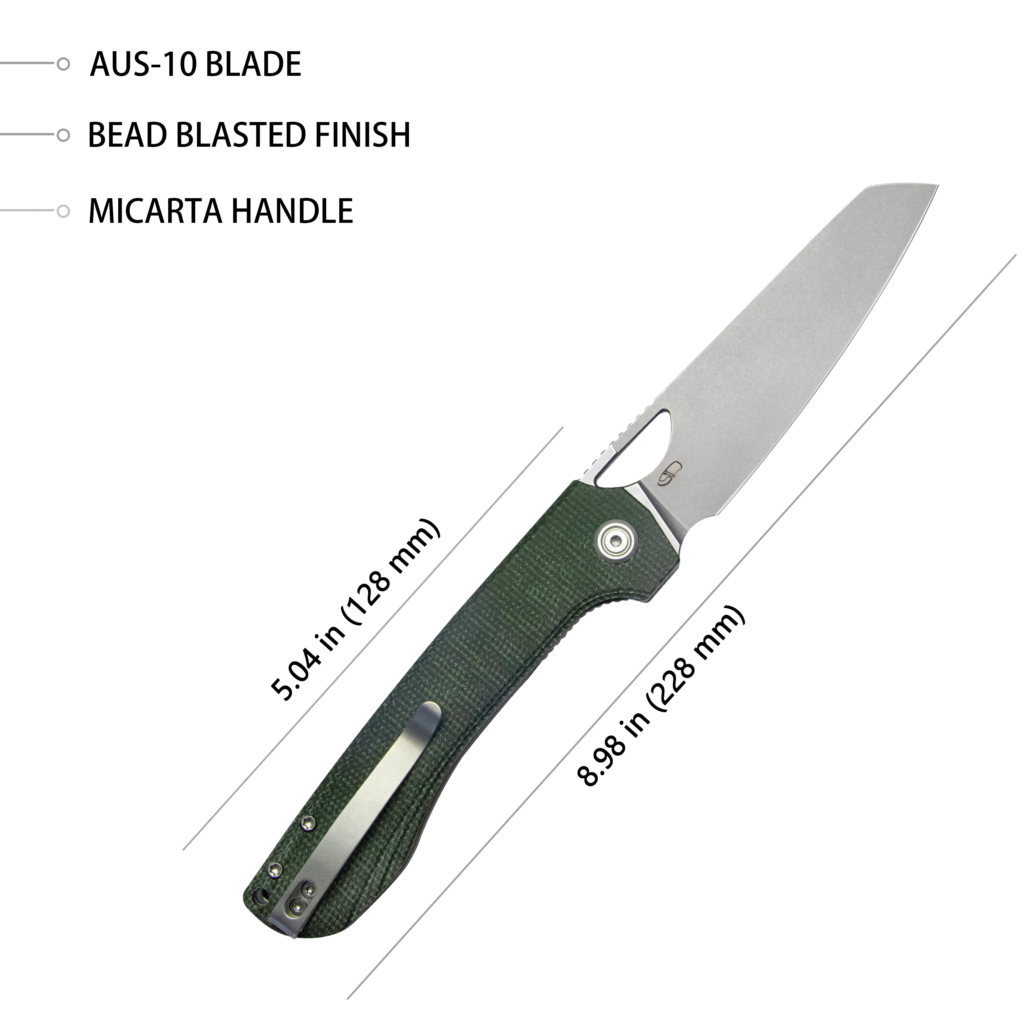 Kubey Elang Klappmesser Liner Lock Folding Knife Green Micarta Handle 3.94" Bead Blasted Sheepsfoot AUS-10 KU365E