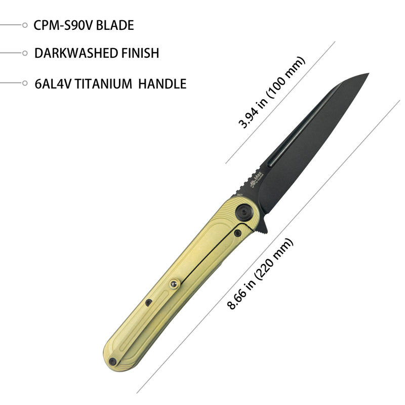 Dandy Frame Lock Gentlemans Pocket Folding Knife Anodized Gold Ti Handle 3.94" Blackwash S90V KB247E