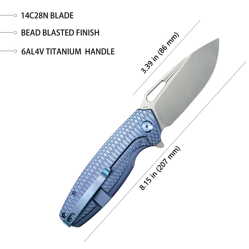 Tityus Frame Lock Flipper Folding Knife Blue Pattern Titanium Handle 3.39" Beadblast 14C28N KB360F