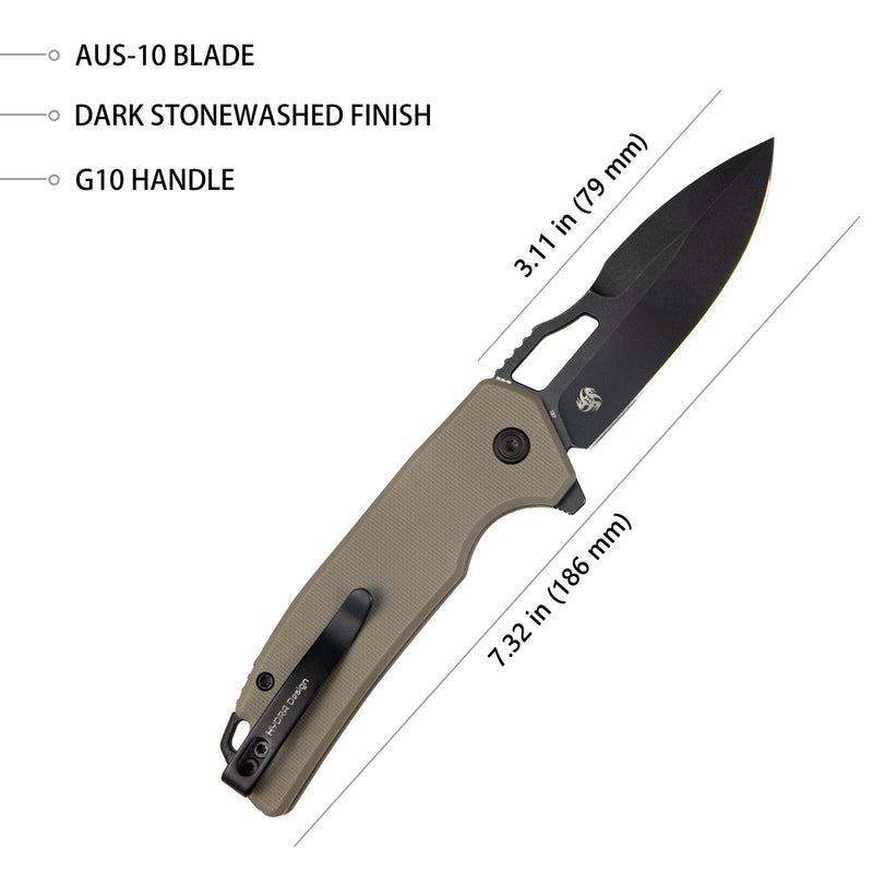 RDF Pocket Knife with Button Lock, Full-Contoured Tan G-10 Handle 3.11" Blackwash AUS-10 Blade, Lightweight Hydra Designed Folding Knife for EDC KU316F