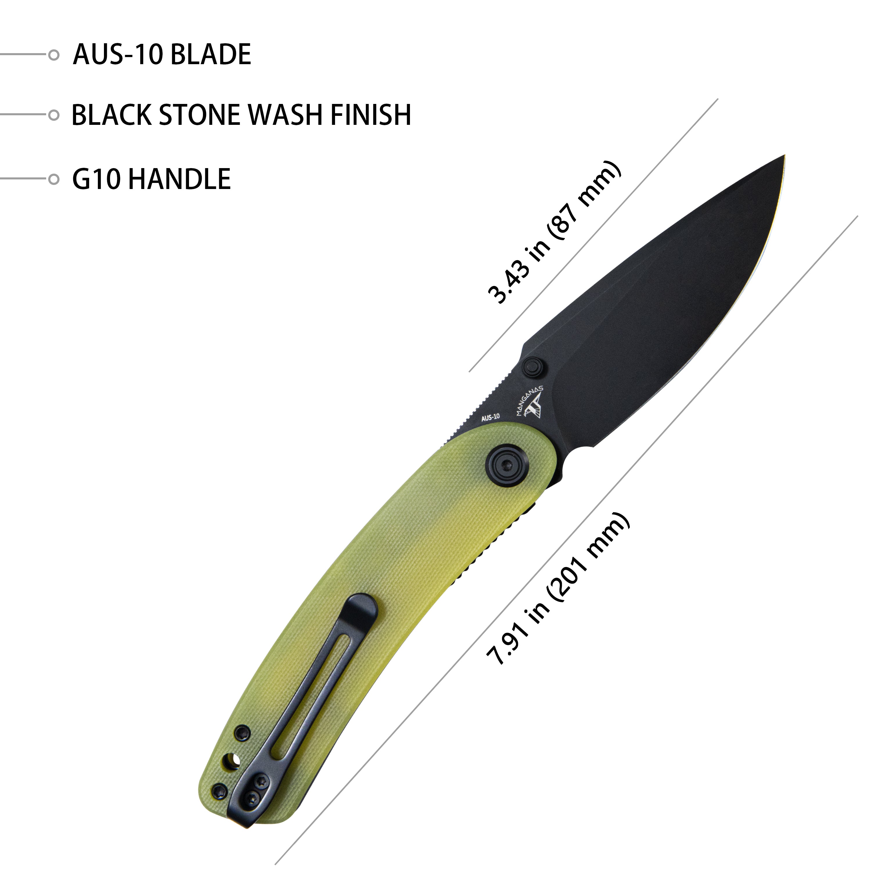 Momentum Sherif Manganas Design Liner Lock Front Flipper / Dual Studs Open Folding Knife Translucent Yellow G10 Handle 3.43" Dark Stonewashed AUS-10 KU344F